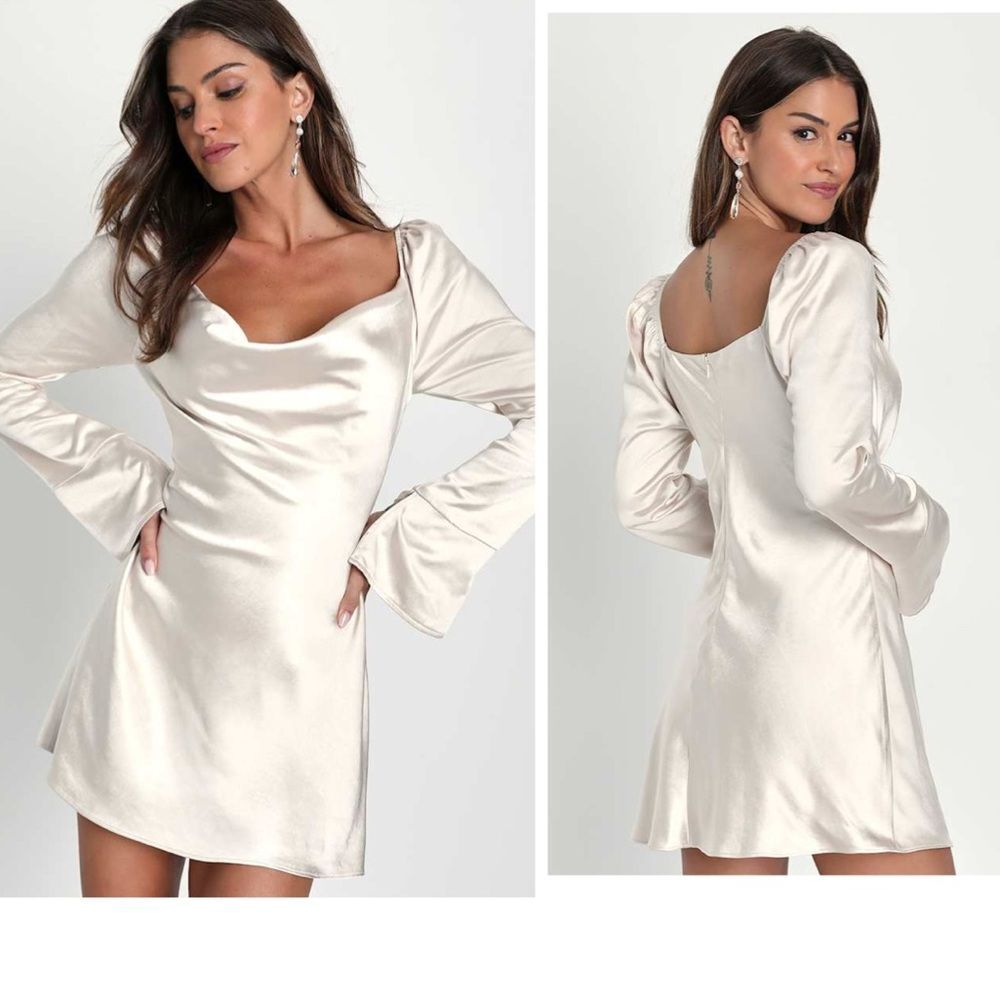 Lulus Sensational Fate Champagne Satin Cowl Neck Mini Dress size small sexy club